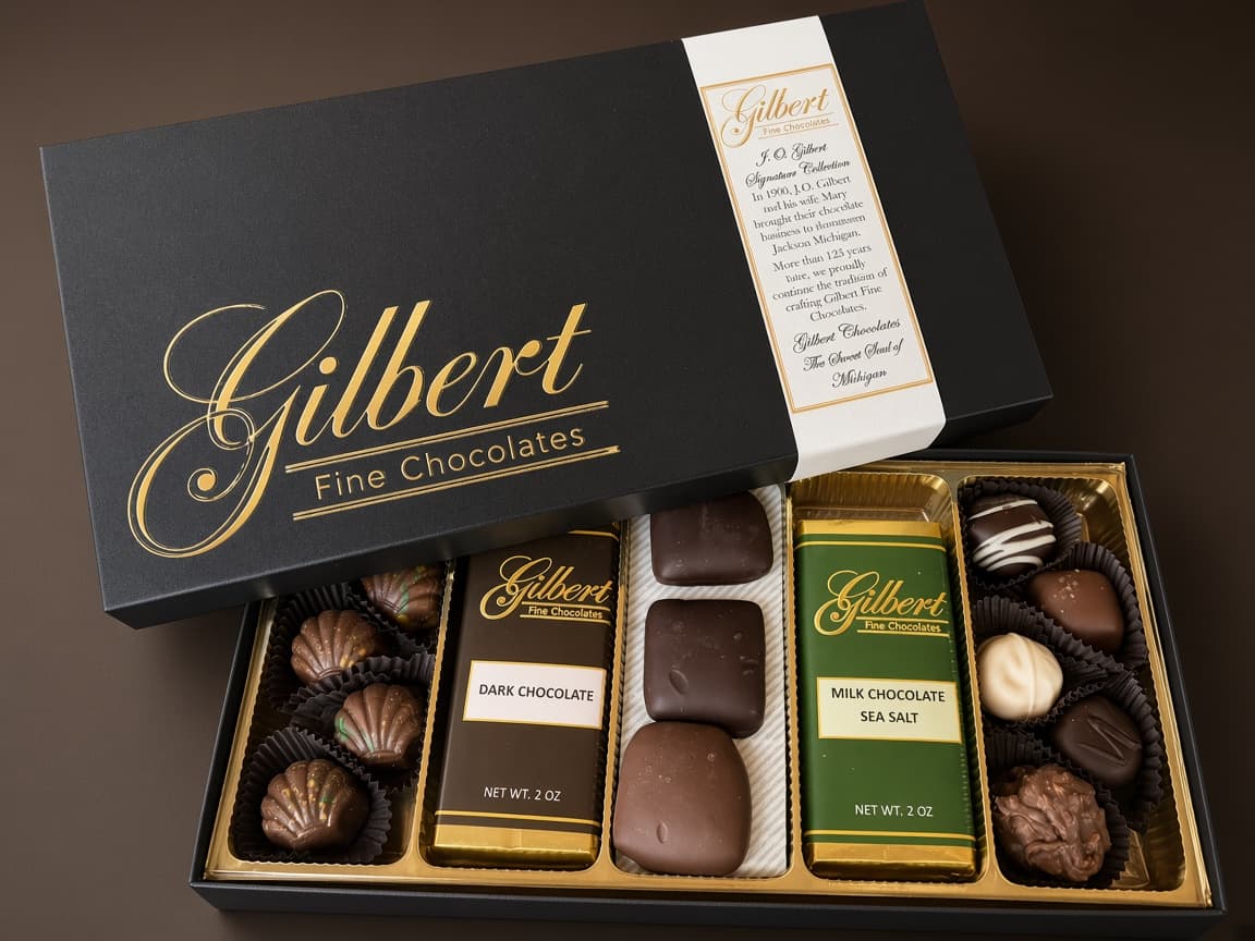 Open Gilbert Signature Collection gift box with assorted chocolates and bars